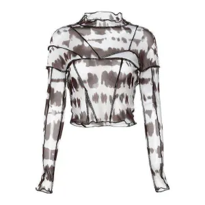 Women's Long Sleeves Sexy Backless Black Mesh Patchwork Crop Tops T-Shirt