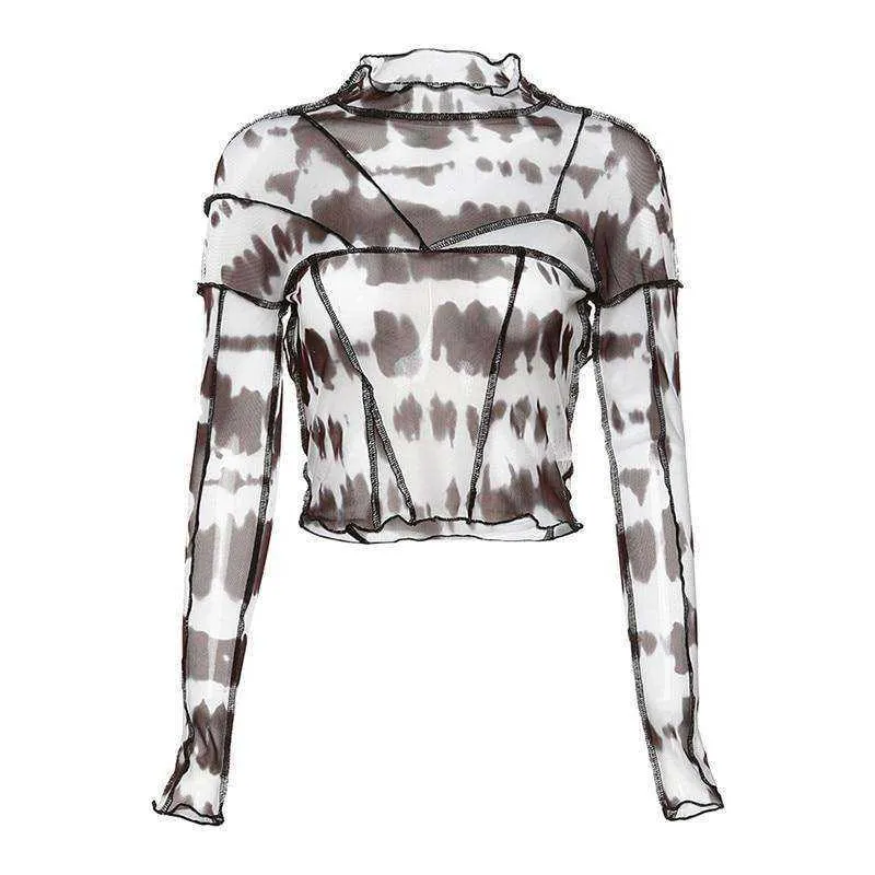 Women's Long Sleeves Sexy Backless Black Mesh Patchwork Crop Tops T-Shirt